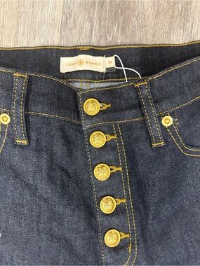 Tory Burch Indigo Denim pants with Gold Logo Buttons